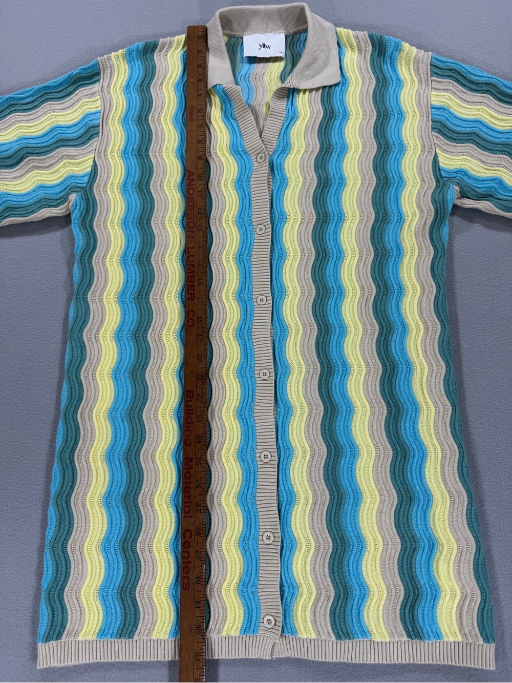 yllw the label Felix Knit Dress Blue Yellow Wave Stripe Button Collared Retro - Picture 9 of 15